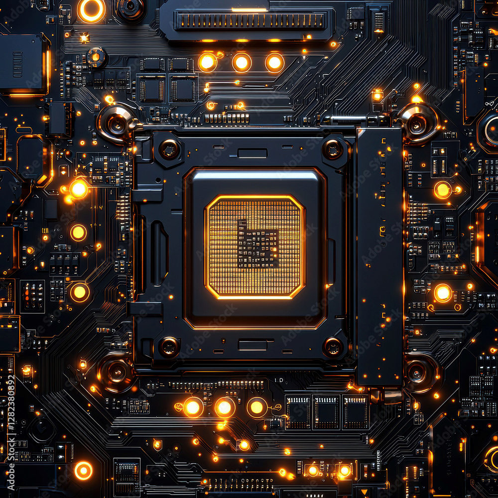 Fototapeta premium Close-up image of a vibrant motherboard, highlighting its CPU socket and surrounding components like resistors and capacitors - AI-Generated