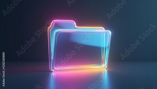 Luminous glass folder icon in neon - Data storage concept - Tech presentation