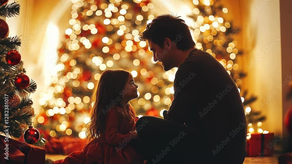 Father and daughter silhouetted against a Christmas tree, sharing a tender moment. Father and daughter silhouetted against a Christmas tree, sharing a tender moment.