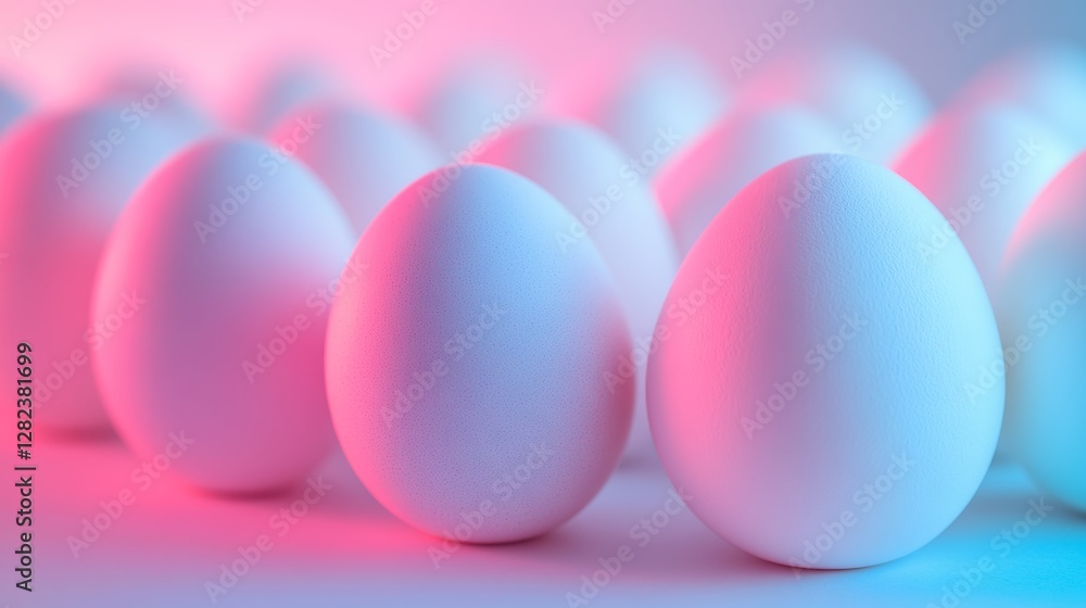 White eggs arranged in a row with soft pink and blue lighting creating a visually appealing scene showcasing the beauty of eggs, egg production concept White eggs arranged in a row with soft pink and blue lighting creating a visually appealing scene showcasing the beauty of eggs, egg production concept