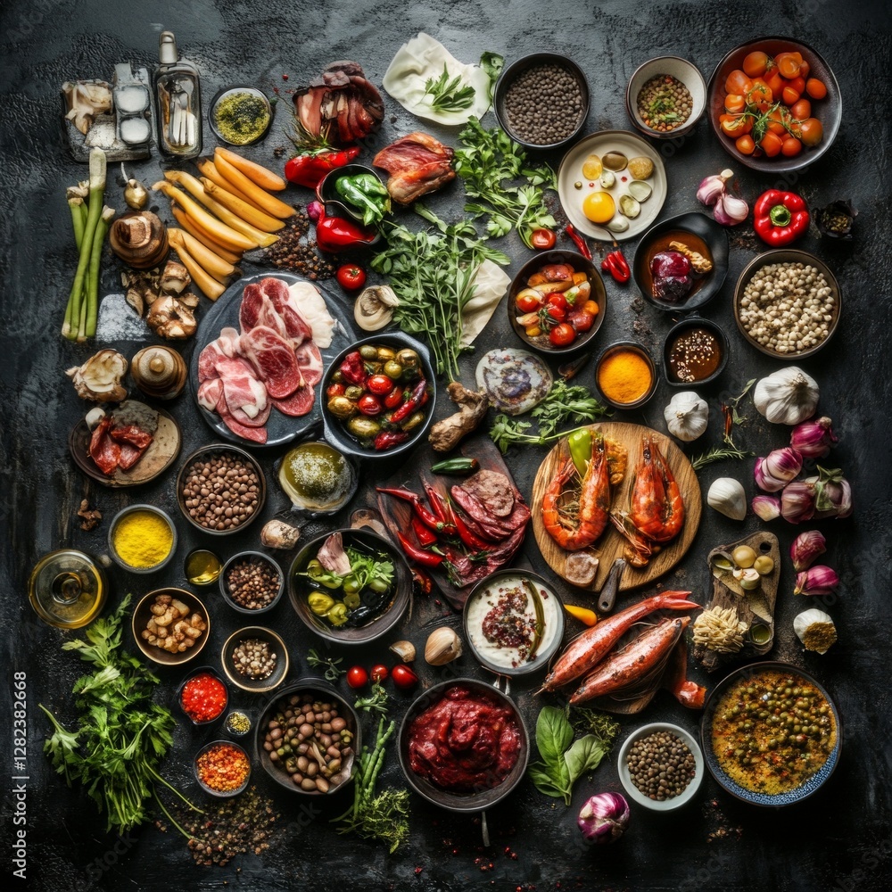 Diverse tabletop spread with fresh meats vegetables and spices for culinary delight Diverse tabletop spread with fresh meats vegetables and spices for culinary delight