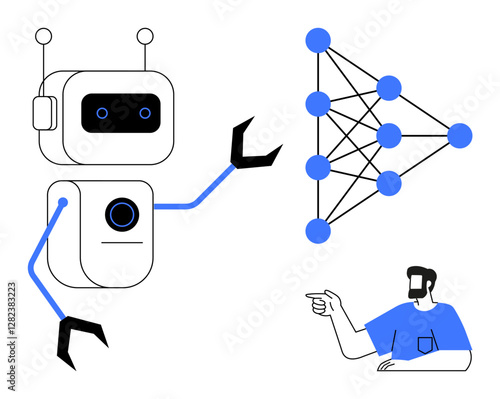 Robot with antennae and mechanical arms gestures towards a neural network diagram. Human wearing blue points at it. Ideal for AI, technology, machine learning, human-robot interaction, education