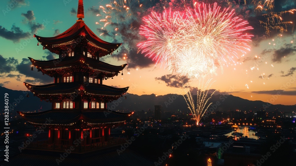 Fototapeta premium Spectacular Fireworks Display Over Illuminated Pagoda at Night