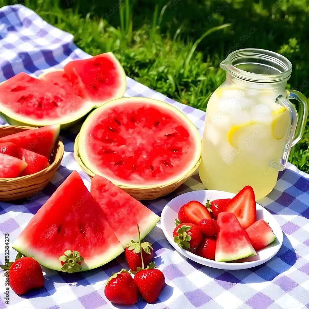 A picnic scene with fresh fruits and lemonade drink A picnic scene with fresh fruits and lemonade drink