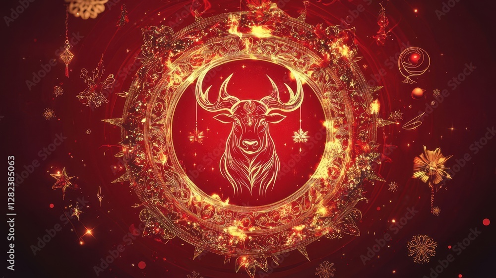 Fototapeta premium Fiery Bull Symbol in a Red and Gold Circle