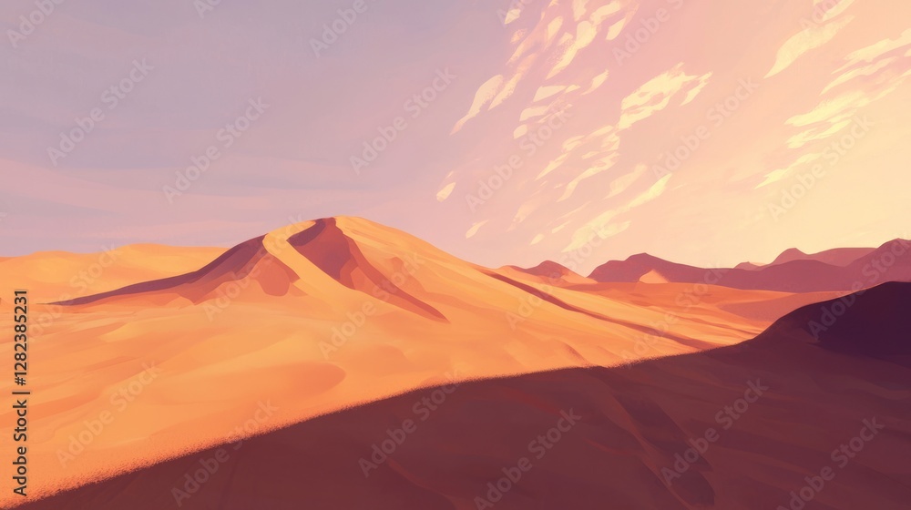 Sunset over orange desert dunes and mountains. Sunset over orange desert dunes and mountains.