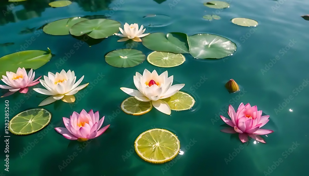 Lotus flowers and lily pads are floating on calm water Lotus flowers and lily pads are floating on calm water