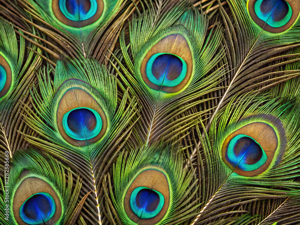 Fototapeta premium peacock feather close up. peacock, feather, bird, feathers, animal, nature, eye, pattern, tail, colorful, color, beauty, green, plume, texture, plumage, beautiful, decoration, blue, peafowl, closeup,