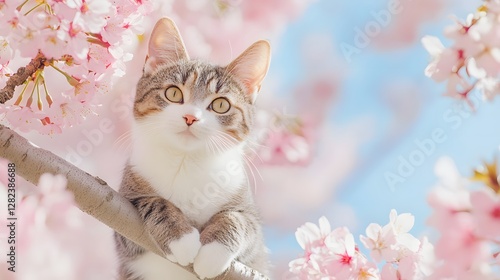Gray cat picture on cherry blossom tree