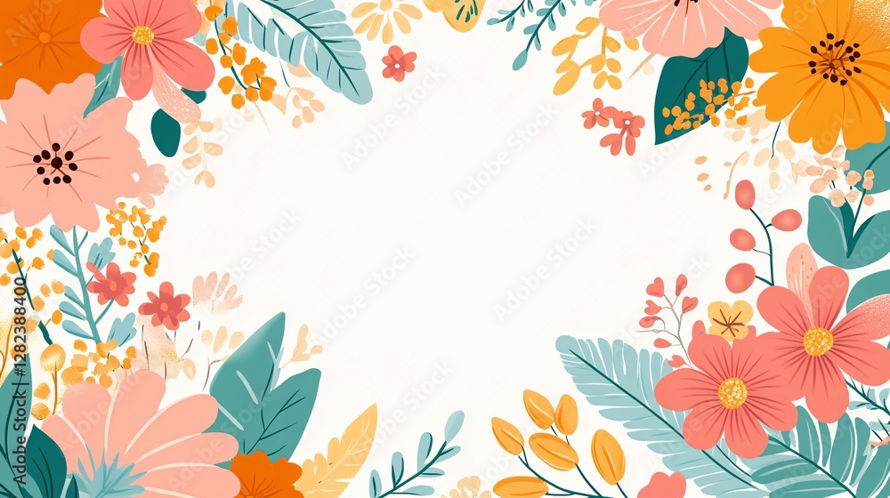 Obraz premium Colorful Flowers and Green Leaves Adorn a White Background