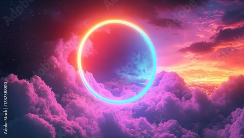 Vibrant Neon Circle in a Dreamlike Cosmic Landscape