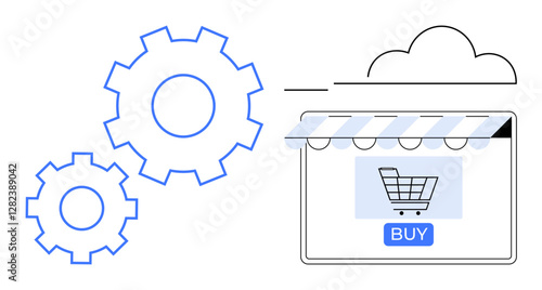 Gears representing automation beside an online store window with a shopping cart on a cloud background. Ideal for e-commerce, retail technology, automation, cloud computing, online services, digital