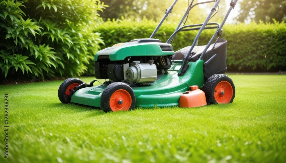 Fototapeta premium Green Lawn Mower on Lush Grass