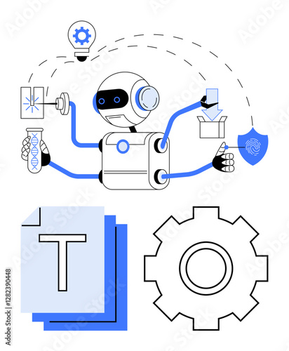 Robot multitasking with test tube, fingerprint scan, automation icons, and documents. Ideal for AI, machine learning, automation, innovation, scientific research robotics abstract line flat