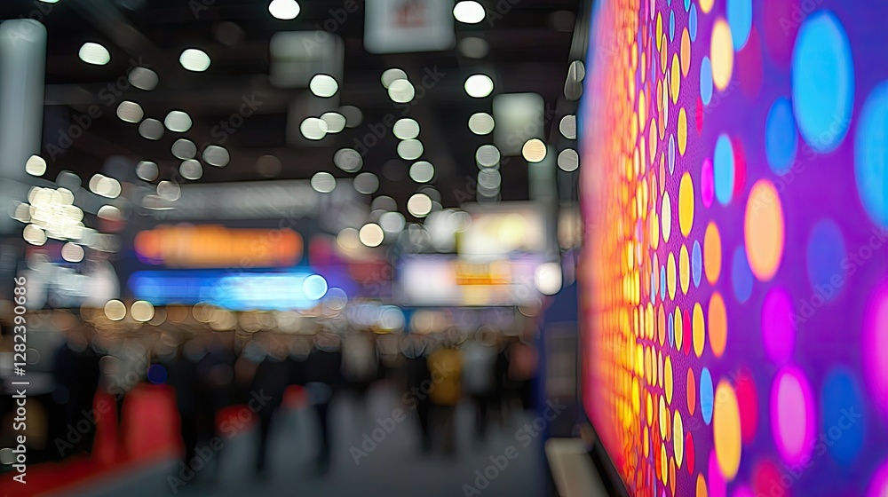 Fototapeta premium Colorful Blurred Bokeh Lights at a Busy Exhibition with Attendees in a Modern Convention Center