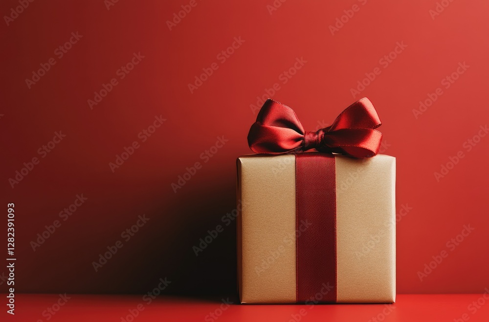 Minimalist gift box with red ribbon on top, elegant and simple against a red background Minimalist gift box with red ribbon on top, elegant and simple against a red background