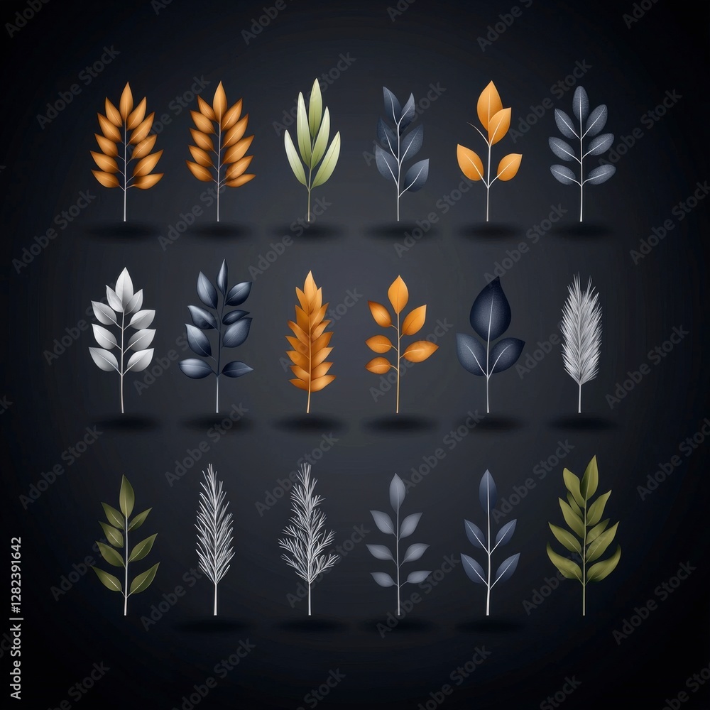 Elegant Collection of Various Leaf Shapes and Colors on Dark Background for Modern Design Projects Elegant Collection of Various Leaf Shapes and Colors on Dark Background for Modern Design Projects