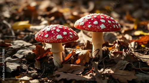 Crimson Caps, A Close-Up of Amanita Mushrooms in an Autumnal Forest Floor photo