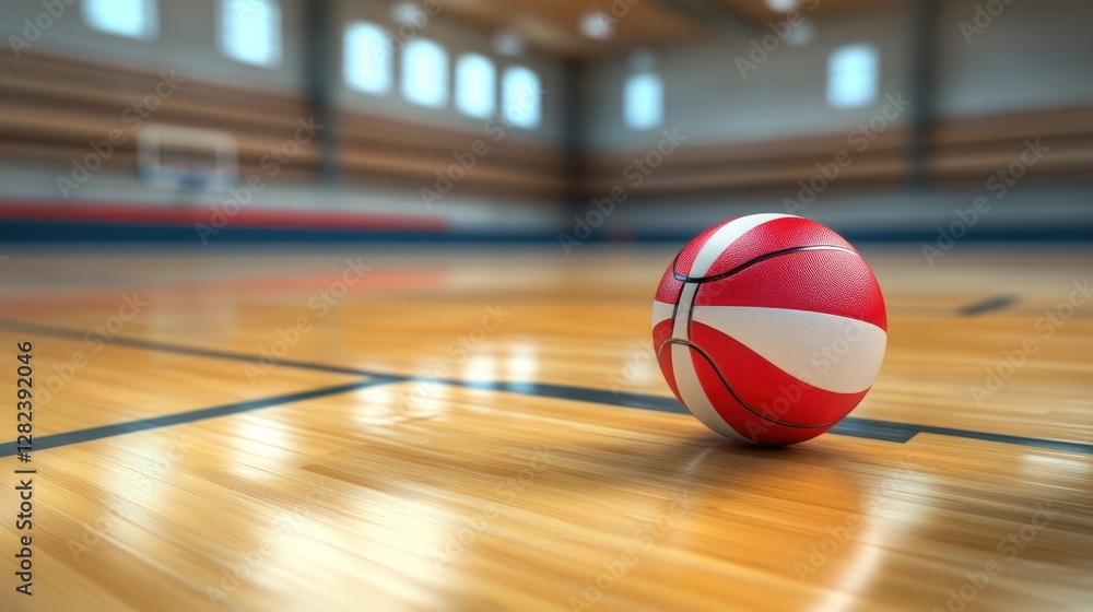 Realistic D render of a volleyball placed naturally on a gymnasium floor, strong texture details. Realistic D render of a volleyball placed naturally on a gymnasium floor, strong texture details.
