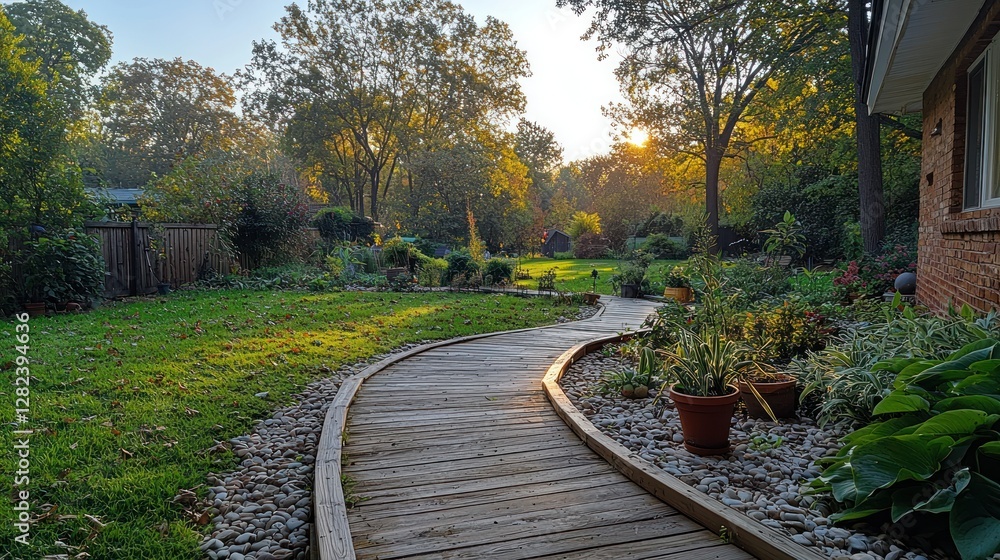 Fototapeta premium Backyard path winds through lush garden. Trees and sunlight create a tranquil scene