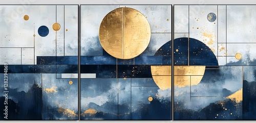 Wallpaper Mural Abstract Gold And Blue Geometric Triptych Canvas Art Torontodigital.ca
