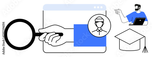 Hand holding magnifying glass over browser window, examining student profile. Instructor with laptop pointing, graduation cap nearby. Ideal for education, e-learning, analysis, research, teaching