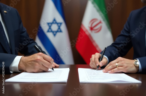 signing of a diplomatic agreement between representatives of Israel and Iran in a formal setting