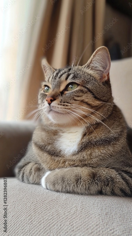 Curious tabby cat lounges comfortably in the cozy living room Curious tabby cat lounges comfortably in the cozy living room