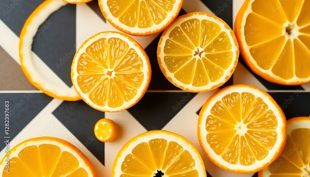 Obraz premium Bright sliced oranges arranged on a geometric black and white pattern