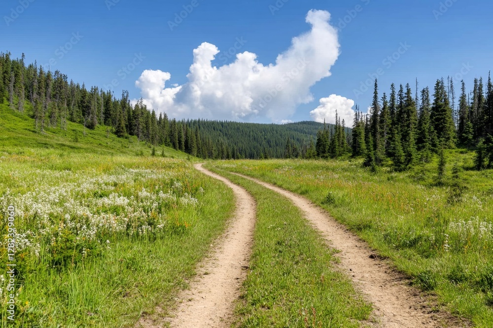 Landscape in summer with meadows, forest and trees beside a road