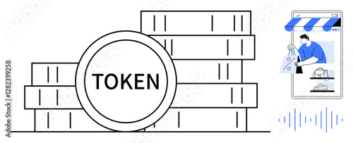Stacks of digital coins labeled Token, online shopping on smartphone, sales graph. Ideal for e-commerce, digital currency, online transactions, financial technology, retail innovation, blockchain