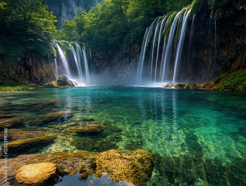 Serene waterfall cascading into a crystal-clear pool, surrounded by lush greenery.