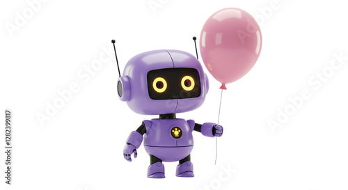 Cute Purple Robot Holding Pink Balloon