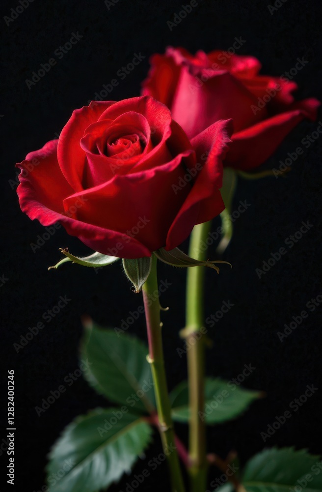 Two vibrant red roses stand elegantly against a dark backdrop showcasing their lush petals and green stems. The rich colors highlight their beauty capturing a timeless charm. Two vibrant red roses stand elegantly against a dark backdrop showcasing their lush petals and green stems. The rich colors highlight their beauty capturing a timeless charm.