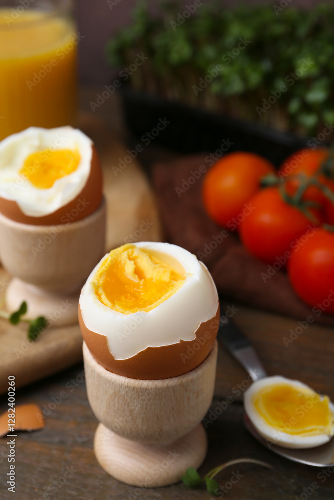 Soft boiled eggs, microgreens and tomatoes on wooden table, selective focus Soft boiled eggs, microgreens and tomatoes on wooden table, selective focus