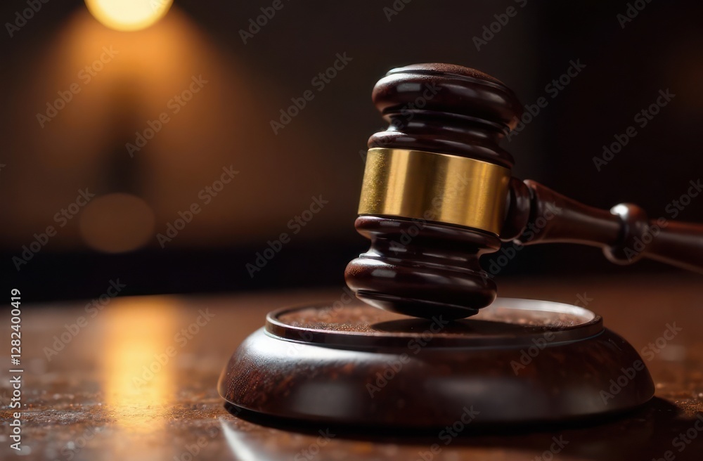 A gavel is resting on a wooden base in a dimly lit courtroom. The warm lights create an atmosphere of seriousness and authority highlighting the tool of justice. A gavel is resting on a wooden base in a dimly lit courtroom. The warm lights create an atmosphere of seriousness and authority highlighting the tool of justice.
