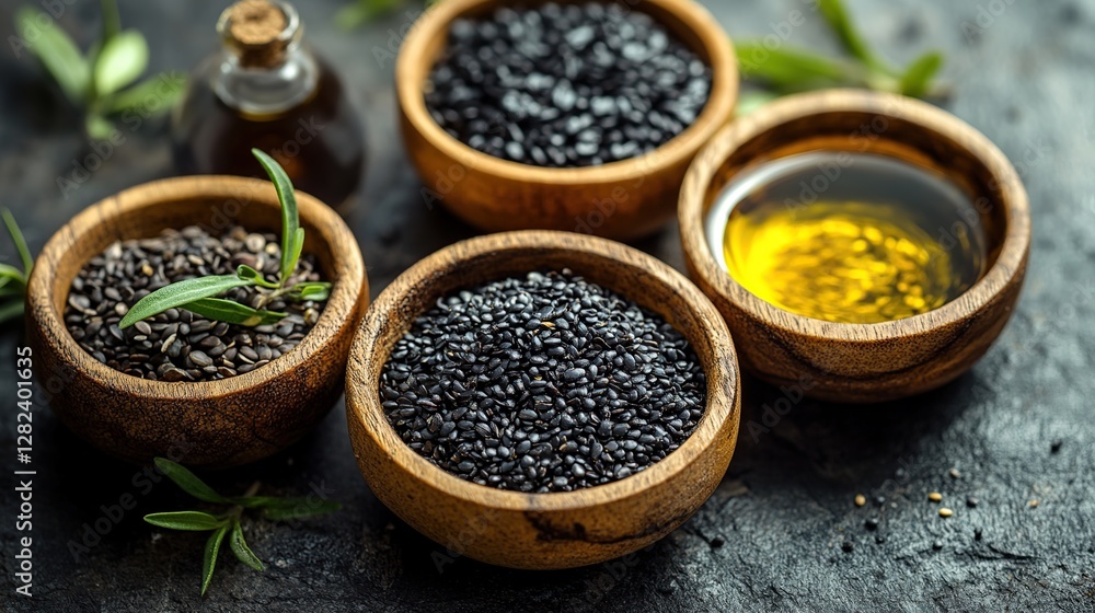 Black sesame seeds and oil in bowls on dark surface Black sesame seeds and oil in bowls on dark surface