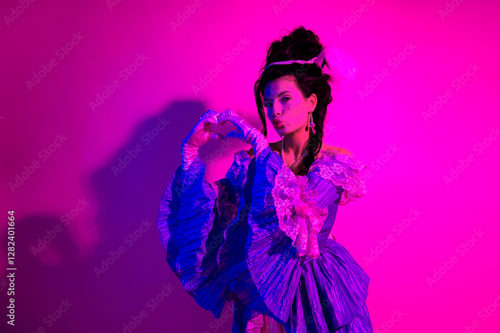 Elegant woman in historical costume posing in neon lights with dramatic expressions Elegant woman in historical costume posing in neon lights with dramatic expressions