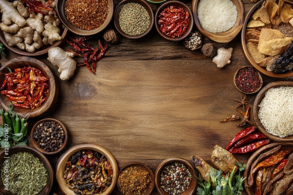 Rustic wooden table with an assortment of spices and herbs in bowls