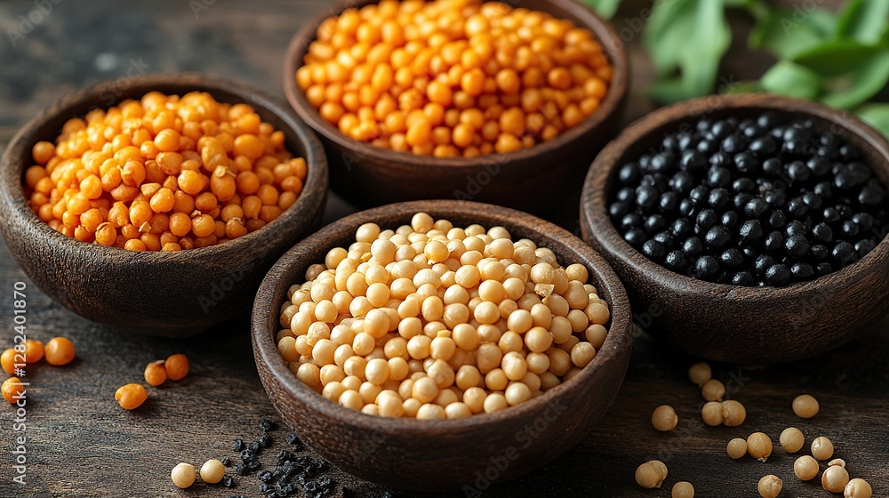 Assorted lentils in bowls on rustic wood table, herbs in background, healthy food concept Assorted lentils in bowls on rustic wood table, herbs in background, healthy food concept