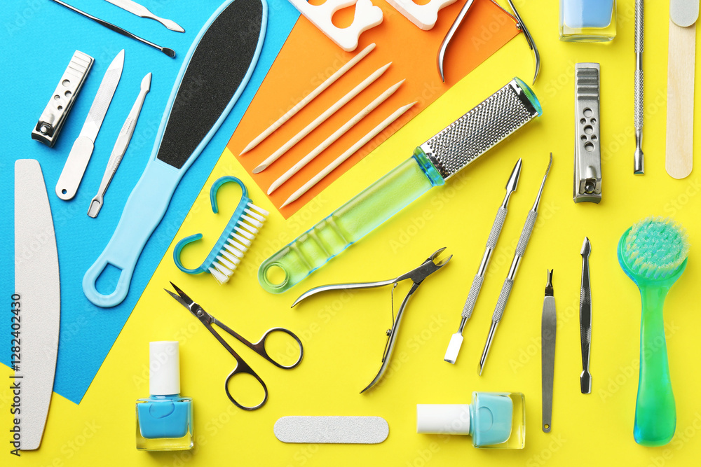 Set of pedicure tools on color background, flat lay Set of pedicure tools on color background, flat lay