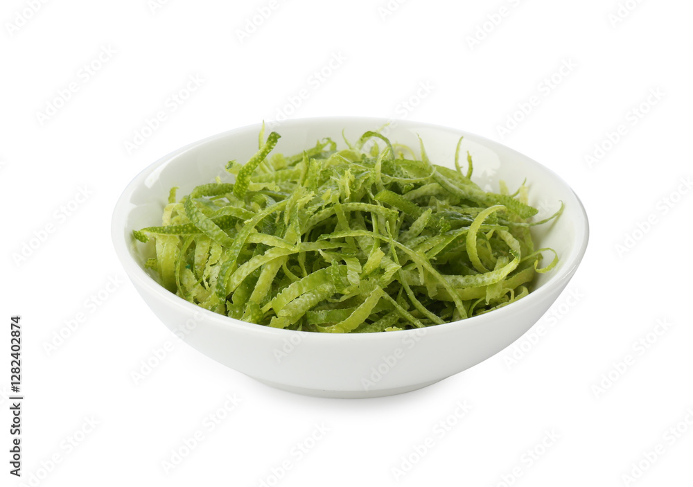 Lime zest in bowl isolated on white Lime zest in bowl isolated on white
