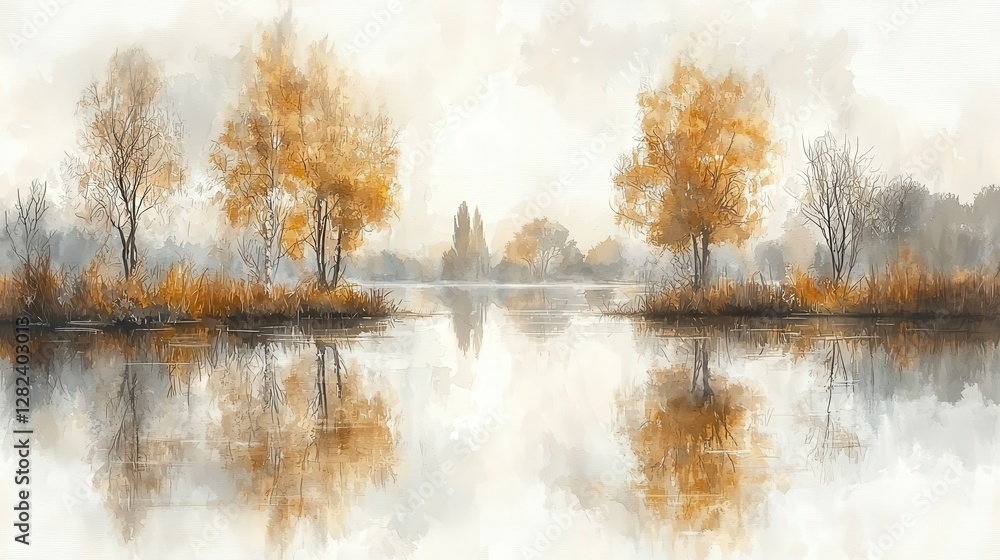 Fototapeta premium Autumn lake reflection, tranquil scene, misty morning, peaceful landscape, home decor