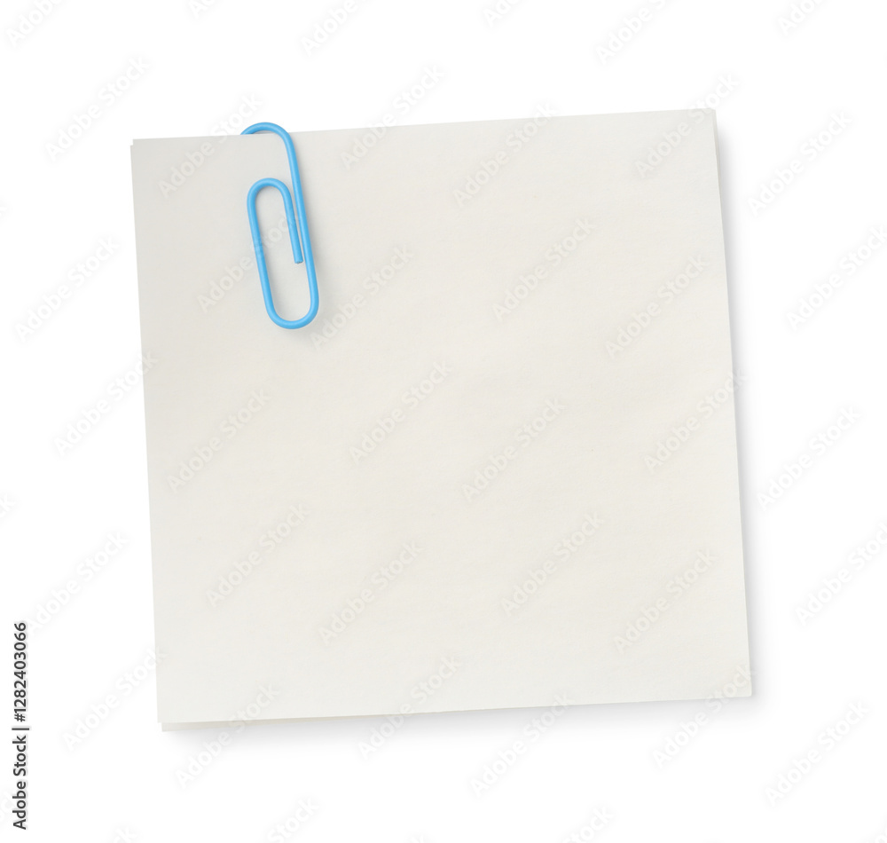 Blank paper note attached with clip isolated on white, top view Blank paper note attached with clip isolated on white, top view