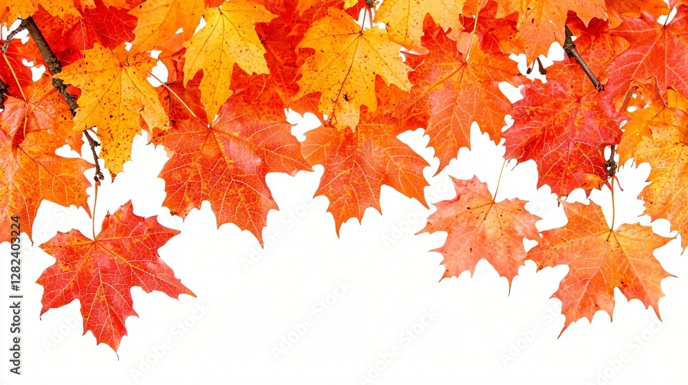 Autumn maple leaves branch border, white background, fall foliage Autumn maple leaves branch border, white background, fall foliage