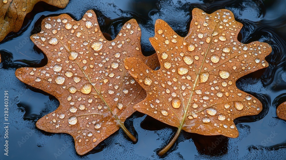 Autumn oak leaves, water droplets, dark background, nature macro Autumn oak leaves, water droplets, dark background, nature macro