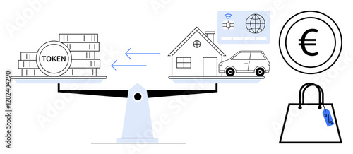 Balance scale comparing digital tokens to tangible assets house, car. Currency, shopping bag icons highlight versatile financial decisions. Ideal for cryptocurrency, asset valuation, digital economy