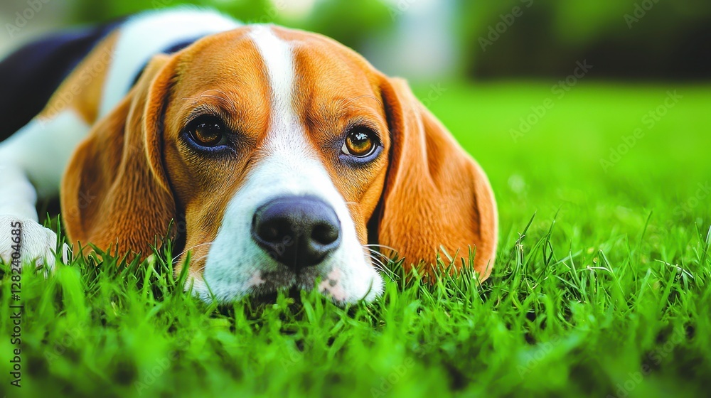 Beagle dog resting in green grass, outdoors.  Pet, nature, summer, calm, relaxation