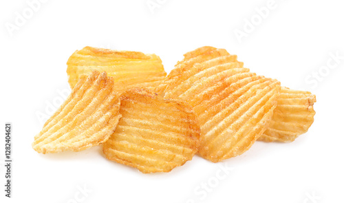 Pile of tasty ridged potato chips isolated on white