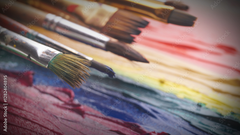 Fototapeta premium Artist's canvas with many brushes and mixed paints, closeup